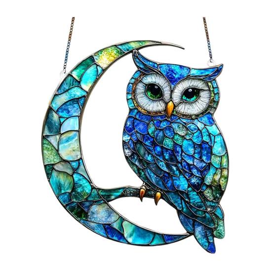 Owl Ornament Stained Glass Blue Green Sun Catcher Enchanting Birds Window Hanging Panel Kitchen Window Decor