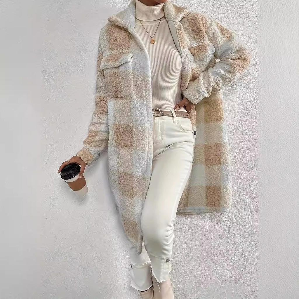 Jesienno-zimowy płaszcz pluszowy w kratę z klapami zapinany na guziki, luźny, temperamentny, do pracy, długi płaszcz dla kobiet