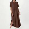 Women's Fashion Casual Loose Short Sleeve Round Tie Pocket Solid Color Maxi Dress