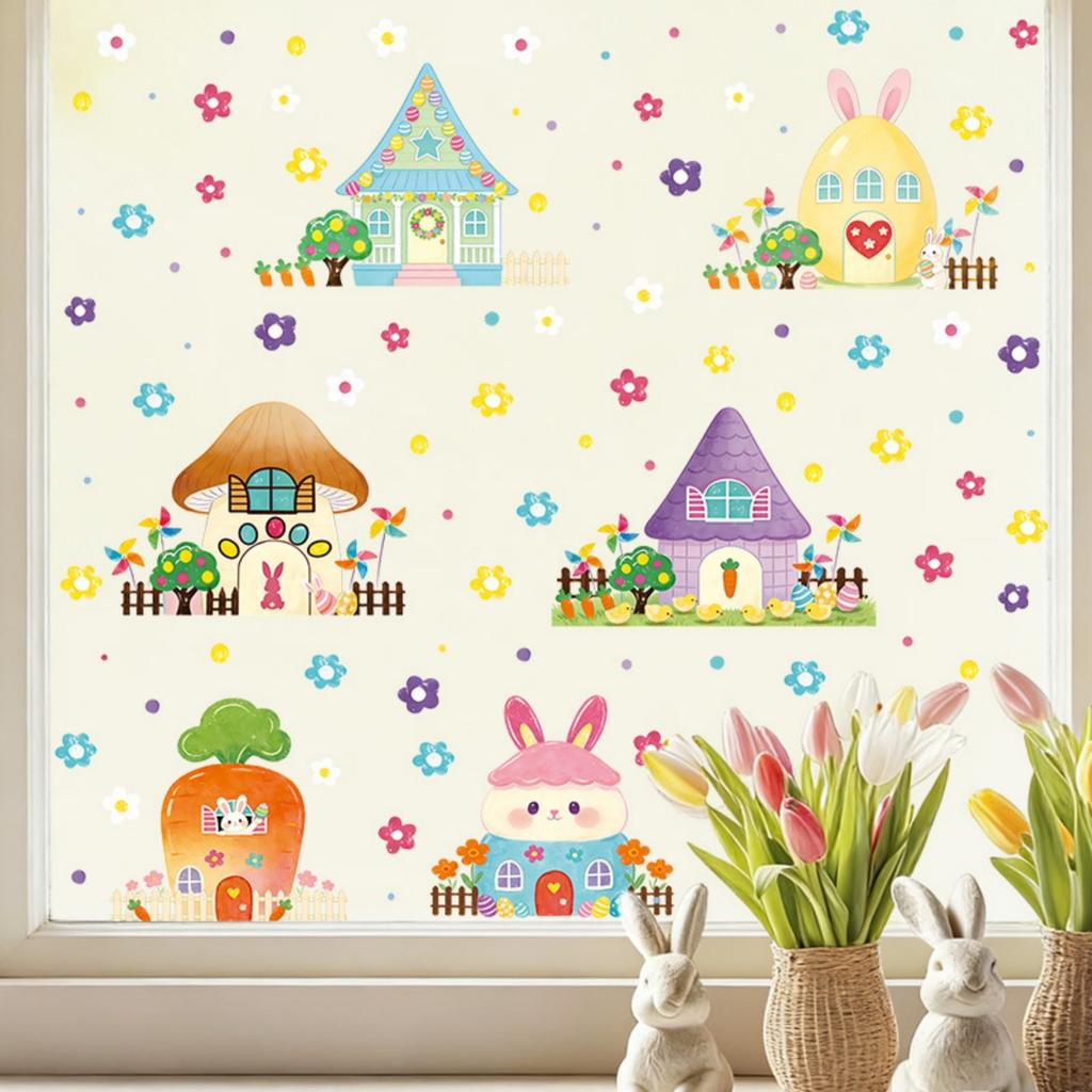 6 Sheets Easter Bunny Window Clings Happy Easter Window Stickers Easter Window Decals For Glass Decorations Holiday Home Store Window Glass Decoration