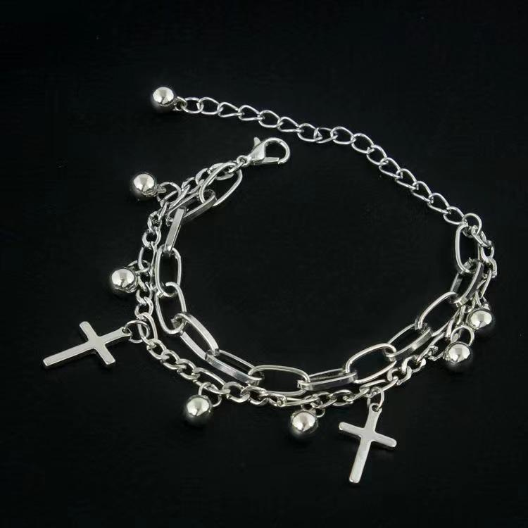 Dark Alloy Double Layer Bracelet with Heart, Little Bear, and Cross Pendants