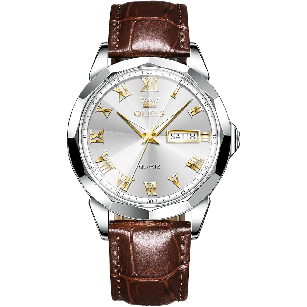OLEVS Men s Analog Watch Waterproof Luminous Brown Leather Strap Business Date Day Quartz Timepiece