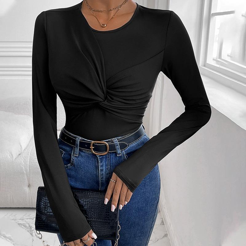 Women Round Neck Black Twisted Sexy Bodysuit Fashion Elegant New Long Sleeve Slim Fit Jumpsuits Rompers Women Black Casual Ladies Bodysuits 2406