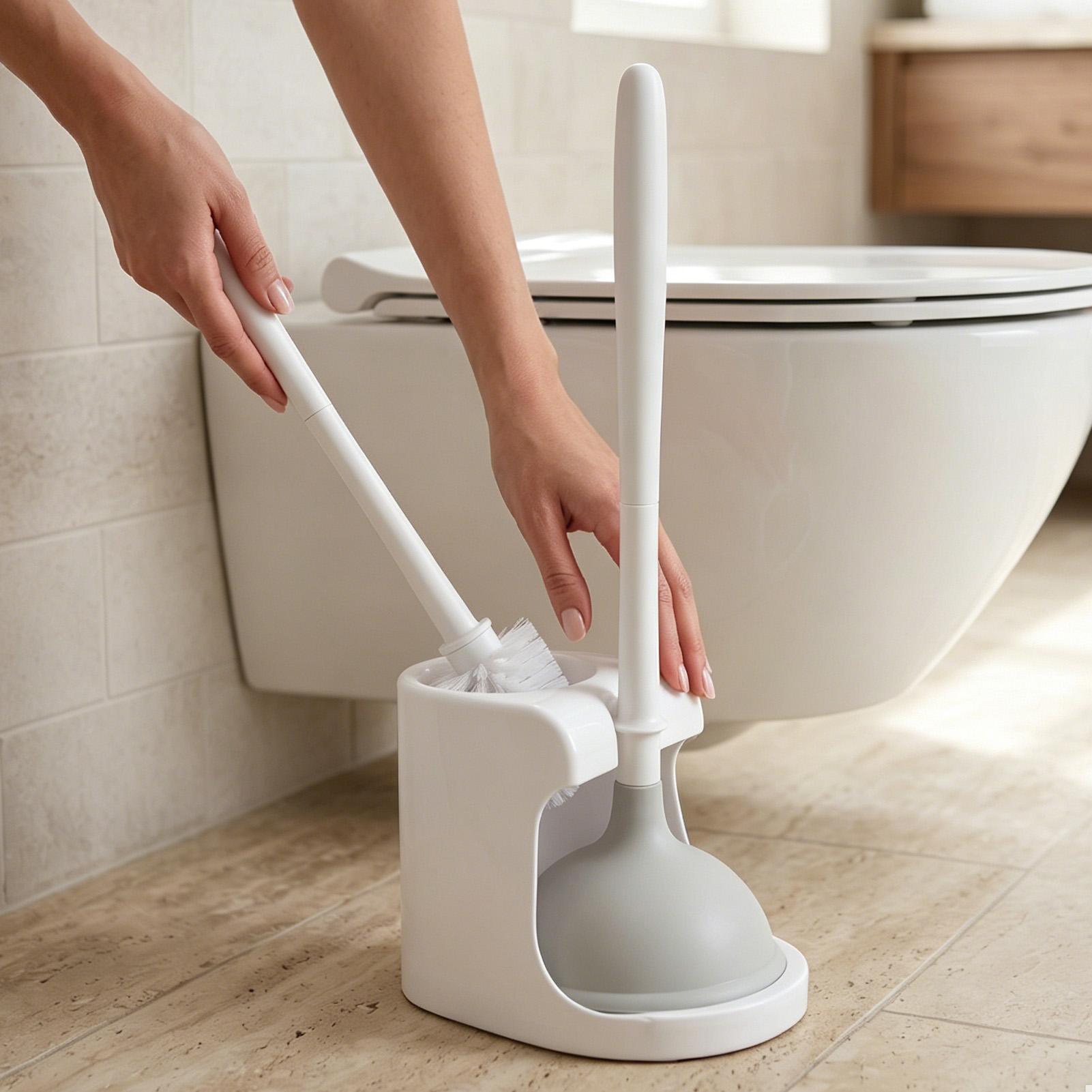 2 az 1-ben WC pumpa és kefetartó készlet WC kefe pumpával Fürdőszobai tisztítóeszközök Fehér gray