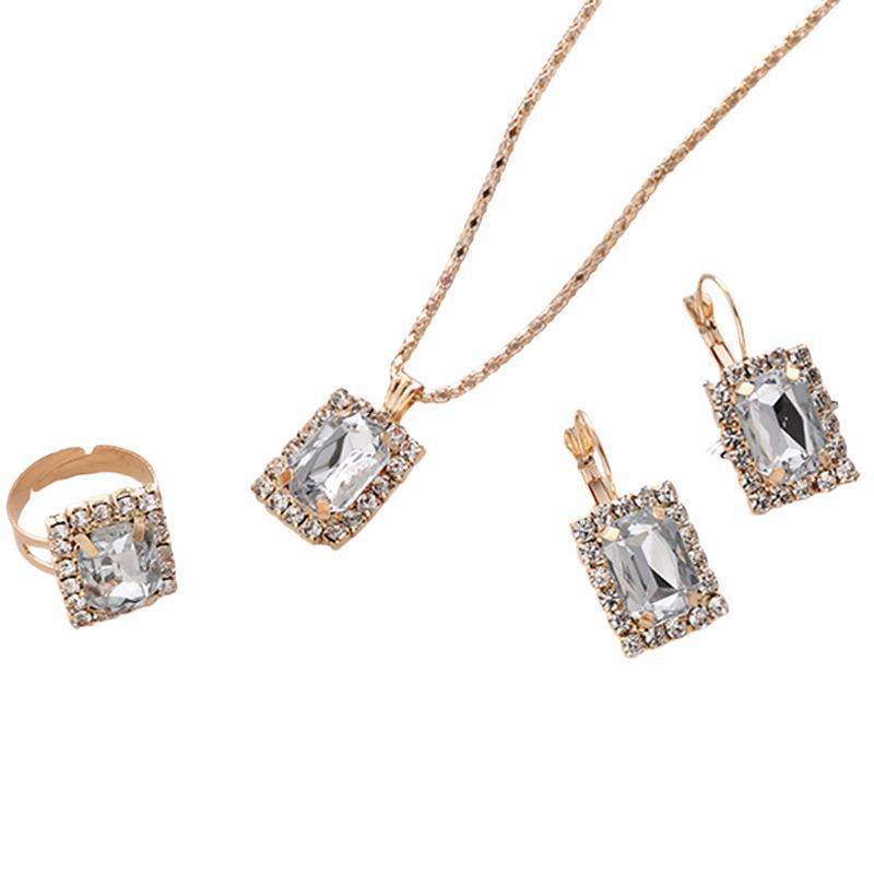 European & American Trendy Diamond Teardrop Jewelry Set: Necklace, Ring, Bracelet, Earrings