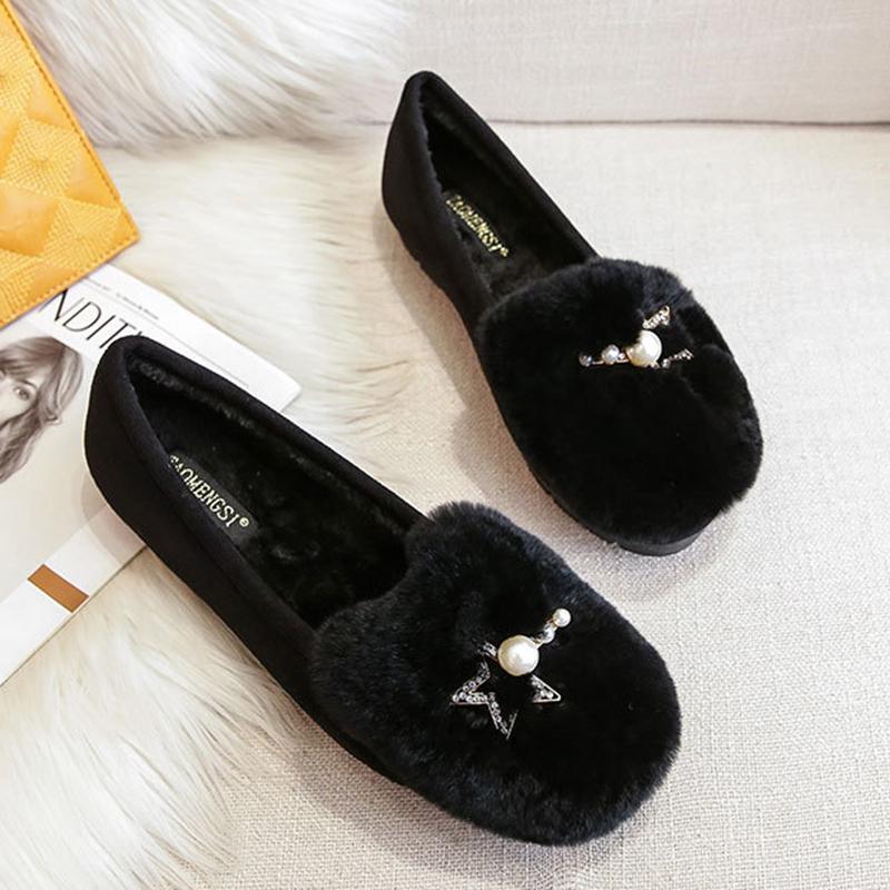 Fashion Winter Rabbit Fur Shoes Women Pearl Crystal Buckle Cotton Flats Woman Furry Loafers Antiskid Warm Plush Moccasins Big Size 34-43