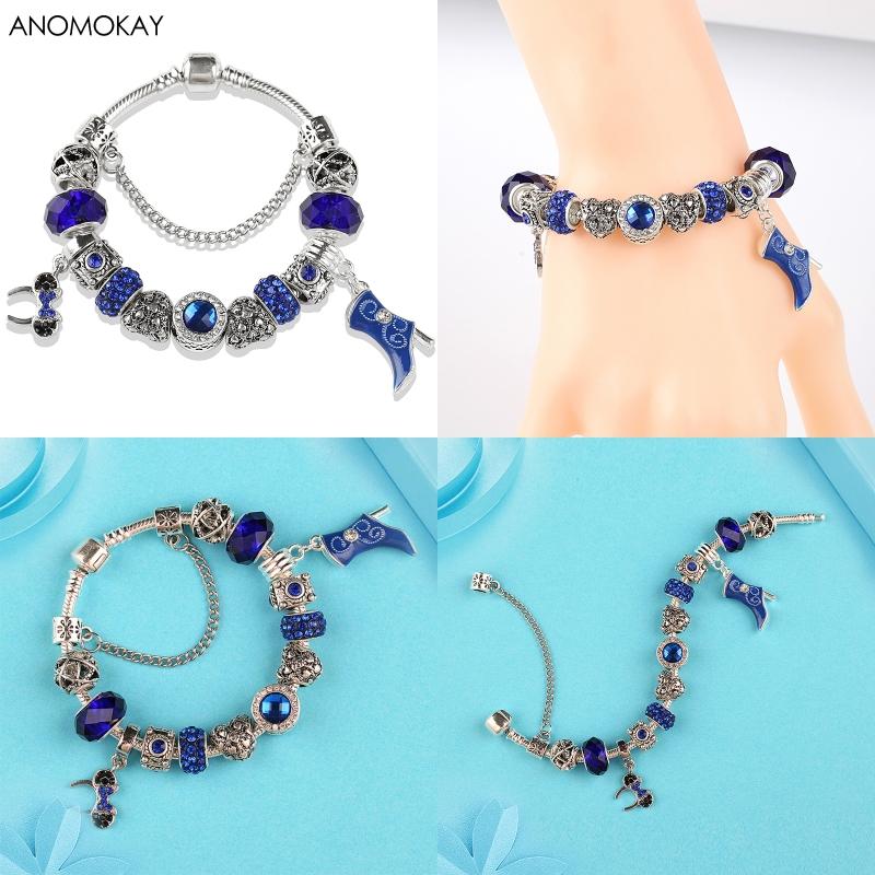 Potdemiel Pink Enamel Crystal Minnie Charm Bracelets Silver Color Heart Cartoon Bead Jewelry for Women Girl Gift