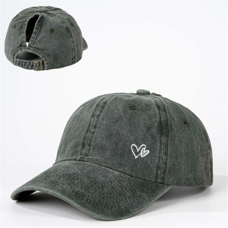 Adjustable Ponytail Baseball Cap with Double Heart Accent, Sun Hat for Daily Wear, Walks, and Casual Travel Time