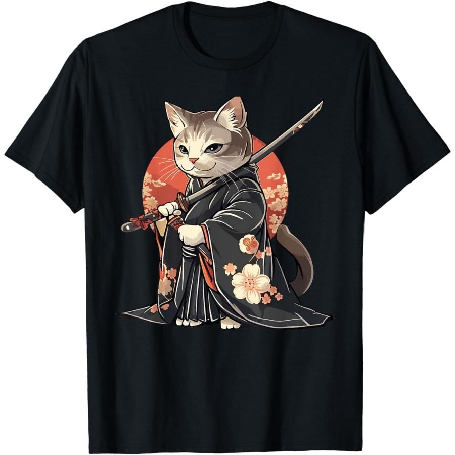 SHAAMOU Kawaii Graphic Japanese Anime Manga Samurai Ninja Cat T-Shirt XXXXXL разноцветный