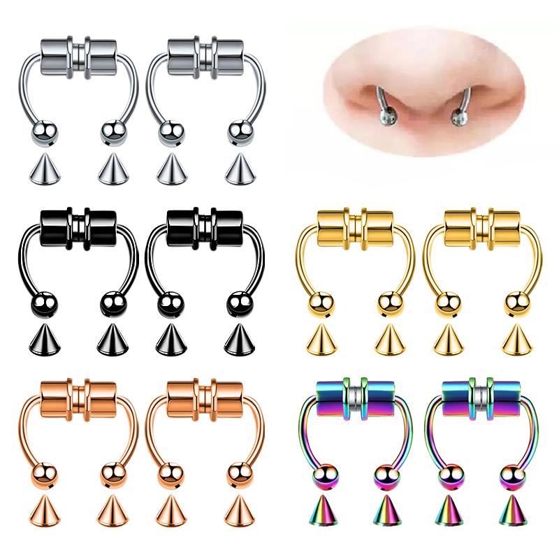 2pc Women Fake Piercing Nose Ring Hoop Septum Non Piercing Nose Clip Rock HipHoop Stainless Steel Magnet Punk Body Zircon