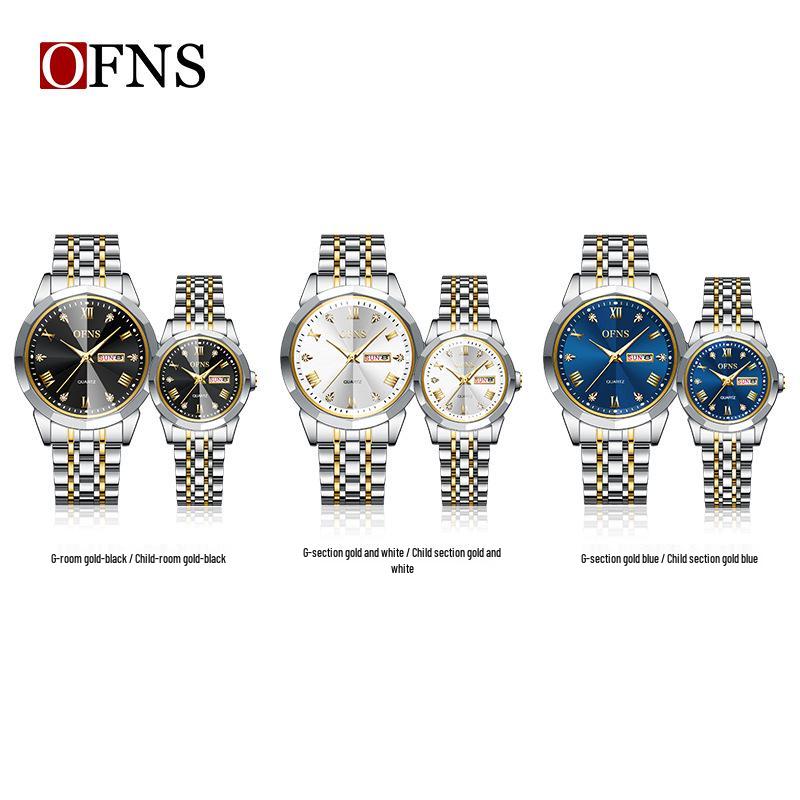 Orologi al Quarzo Impermeabili per Coppia Oufanni con Doppio Calendario e Bracciale in Acciaio Luminoso