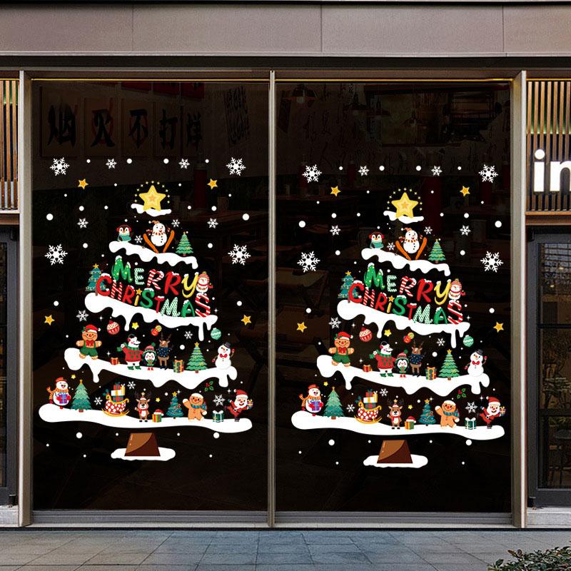 Christmas Window Stickers Happy New Year Decorative Glass Window Static Sticker Merry Xmas Santa Claus Shopping Center Ornament