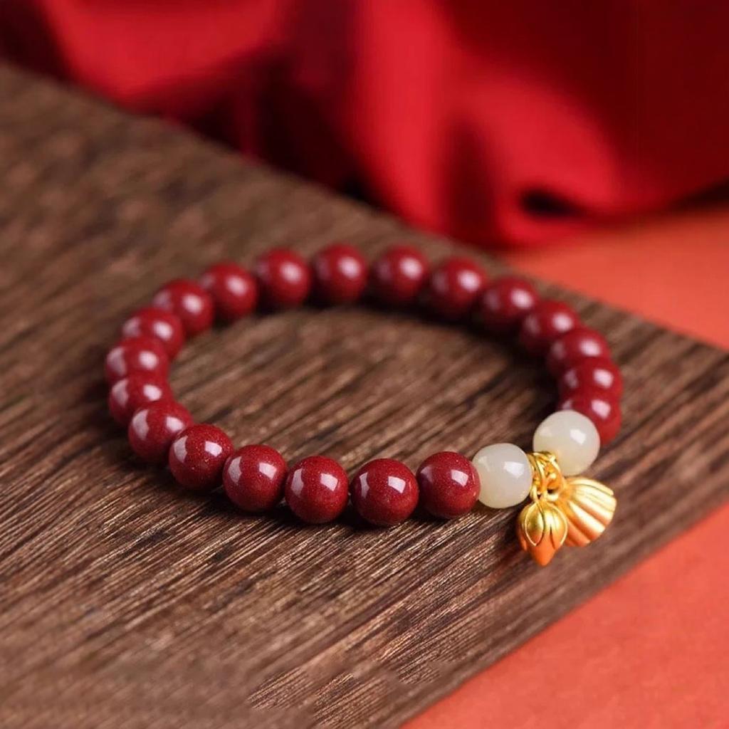 6/8mm Purple Cinnabar & Jade Bead Bracelet, Chinese Style Travel Gift