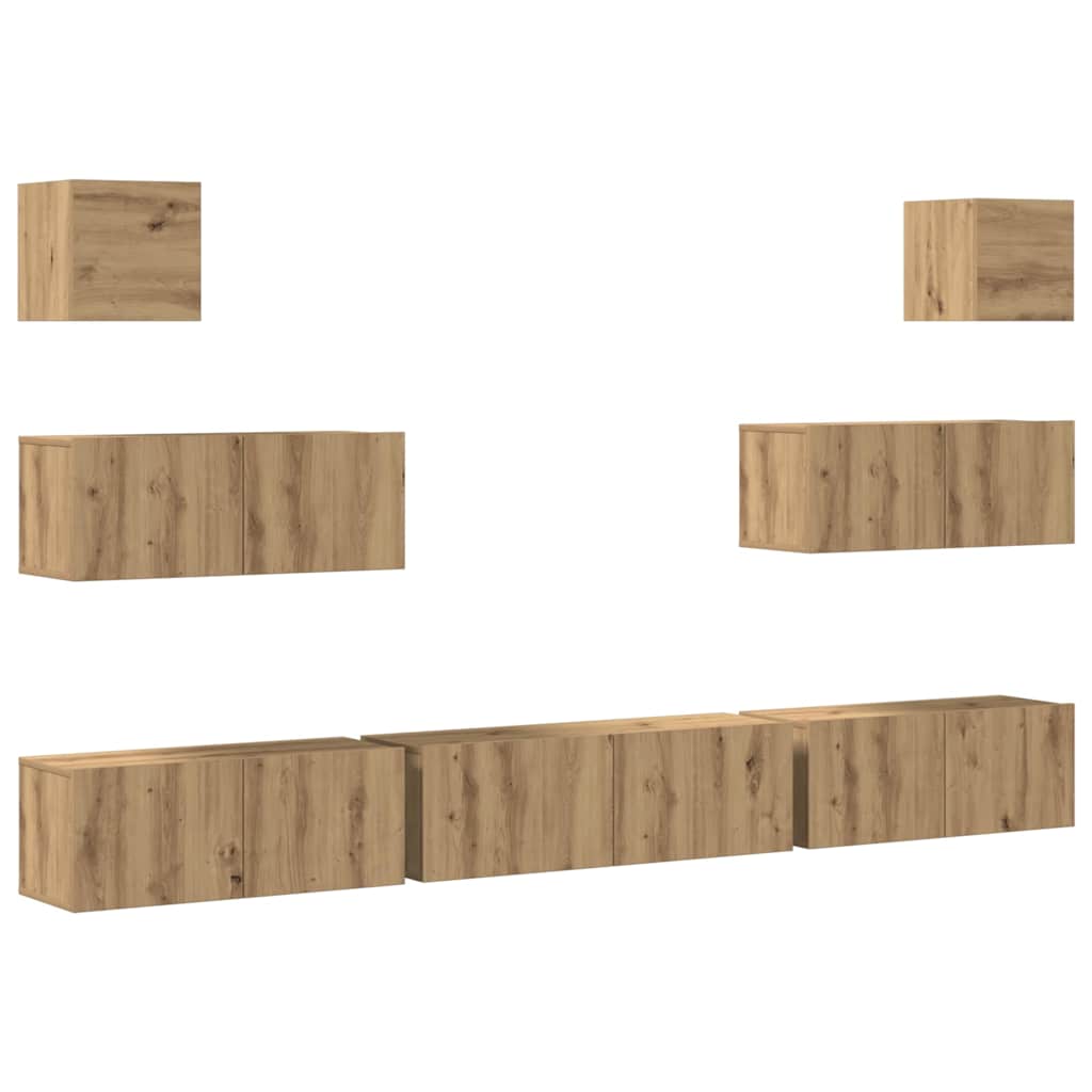 7 Piece Wall Mounted TV Cabinet Set Artisan Oak Wood Based Panel