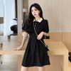 Women's Petite Black Polo Collar Waist-Cinching Dress - 2025 Summer Little Black Dress