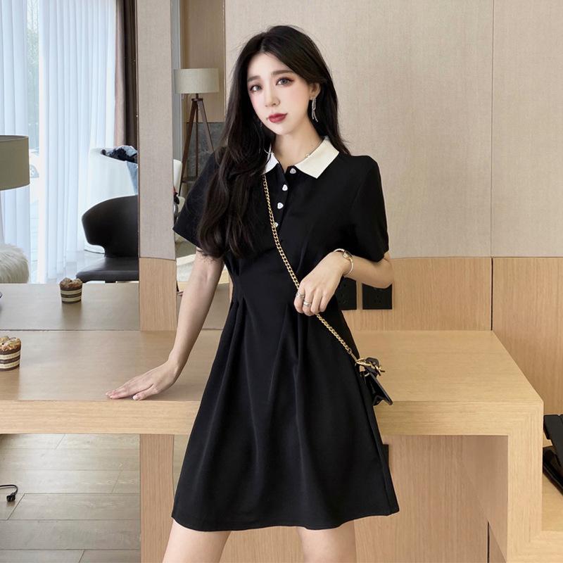 Women's Petite Black Polo Collar Waist-Cinching Dress - 2025 Summer Little Black Dress