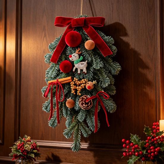 Handmade Wreath for Balcony Christmas Artificial Garland with Pinecones Cinnamon And Red Bows, Decorative Hanging Front Door Pendants Winter
