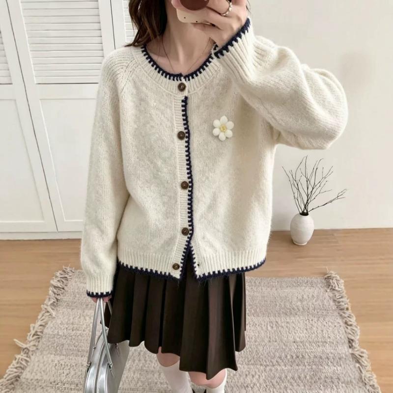 Women S Sweet Age Reducing 3d Flower Color Block Knit Cardigan Sweater
