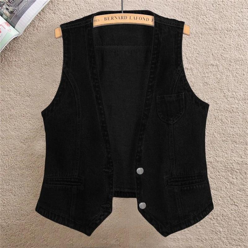 Women's Slim Single-breasted Denim Vest Sleeveless Jacket Solid Color All-match Top Spring Autumn ThreeThree