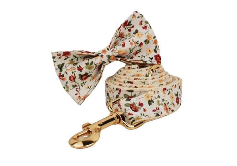 White Dog Collar with Leash and Small Flower Protector - Adjustable Dog Chain Accessory