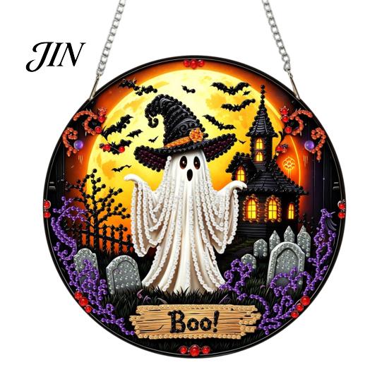 Black Cat Halloween Decoration Moon Rhinestone Painting Kit, Faceted Faux Crystal Hanging Decor, Diamond Kit DIY Craft Window Decor for Home