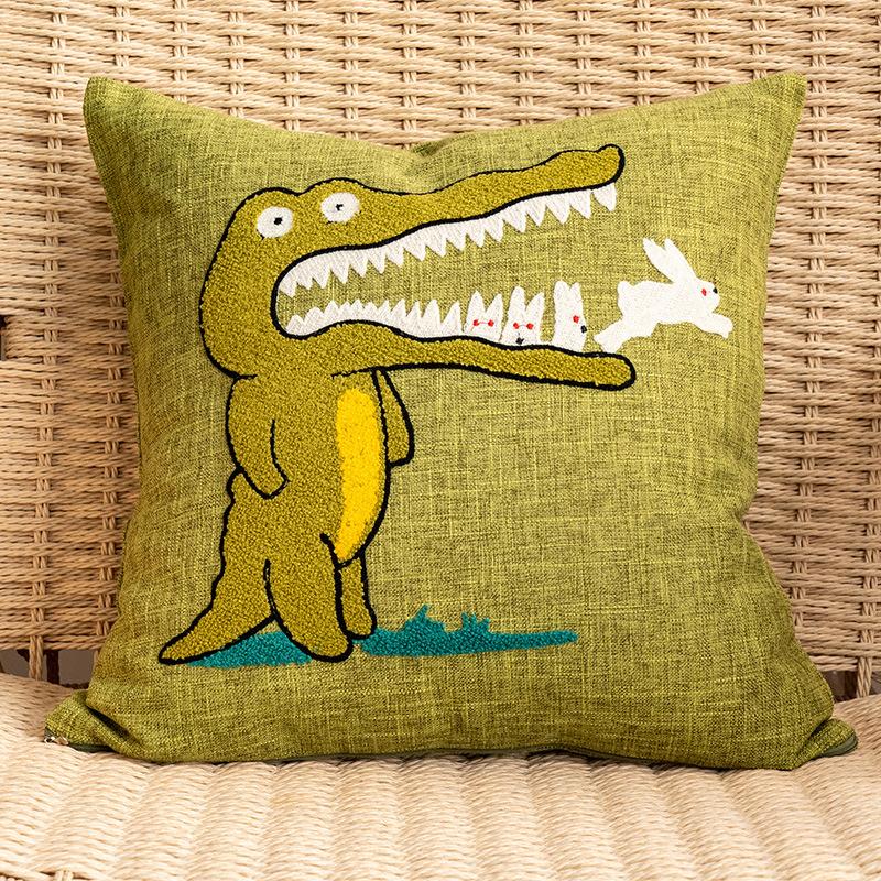 Cotton and Linen Cartoon Towel Embroidered Pillow Case Animal Pattern Children's Room Decorative Cushion Bedside Pillow