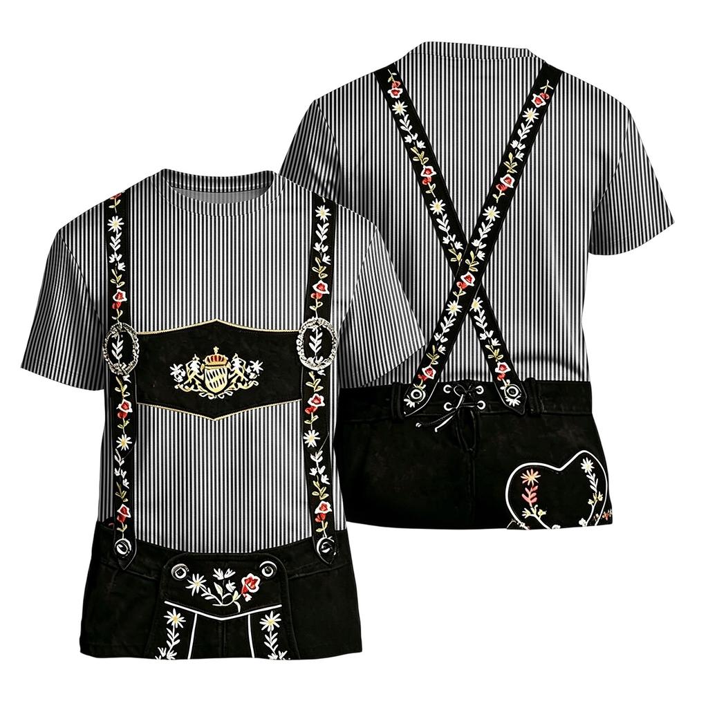 T-shirt da uomo per l'Oktoberfest con stampa testurizzata vintage, manica corta, vestibilità larga, casual, estiva, per uso quotidiano, top con bretelle grafiche e ricami