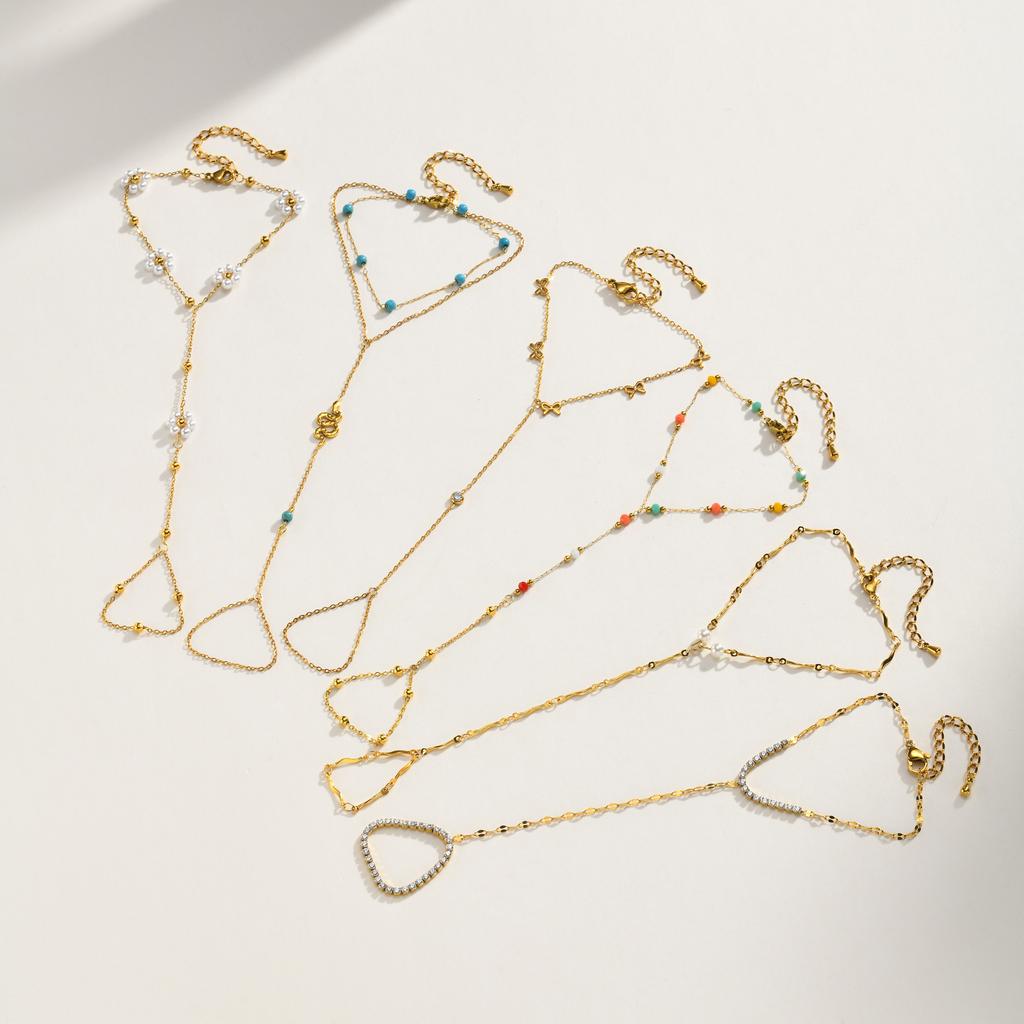 Bracciale Schiavo con Perline Bohémien, Acciaio Inossidabile Placcato Oro 18K, Catena da Mano Impermeabile Anello da Dito Bracciale Gioielli per Donne