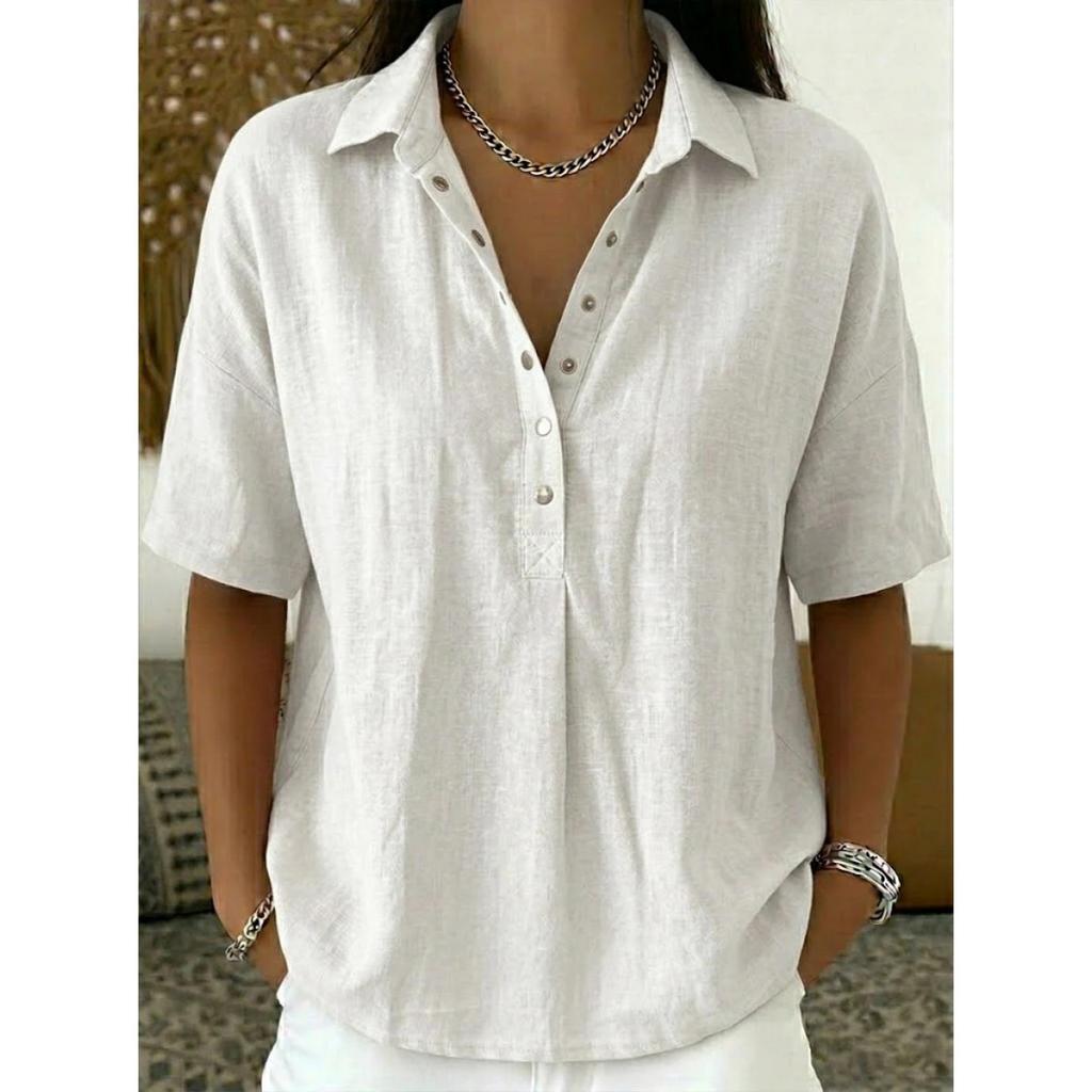 Summer Women's Loose Comfortable Solid Color Lapel Short Sleeve Shirt, European American Style Casual Blouse for Crossborder
