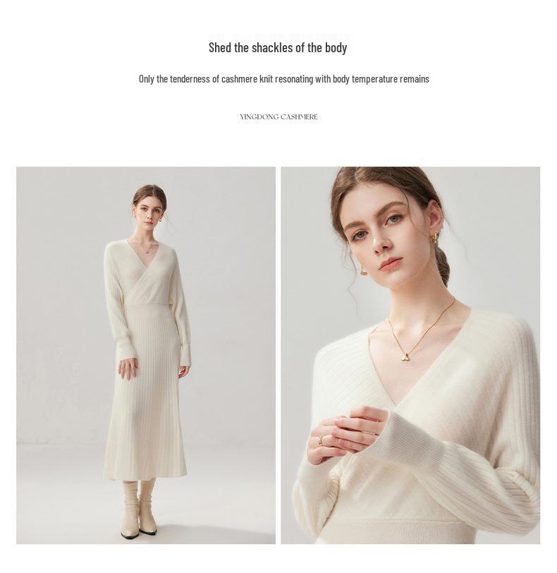 Women's Cashmere V-Neck Ribbed Waist Long Dress - Autumn/Winter Collection