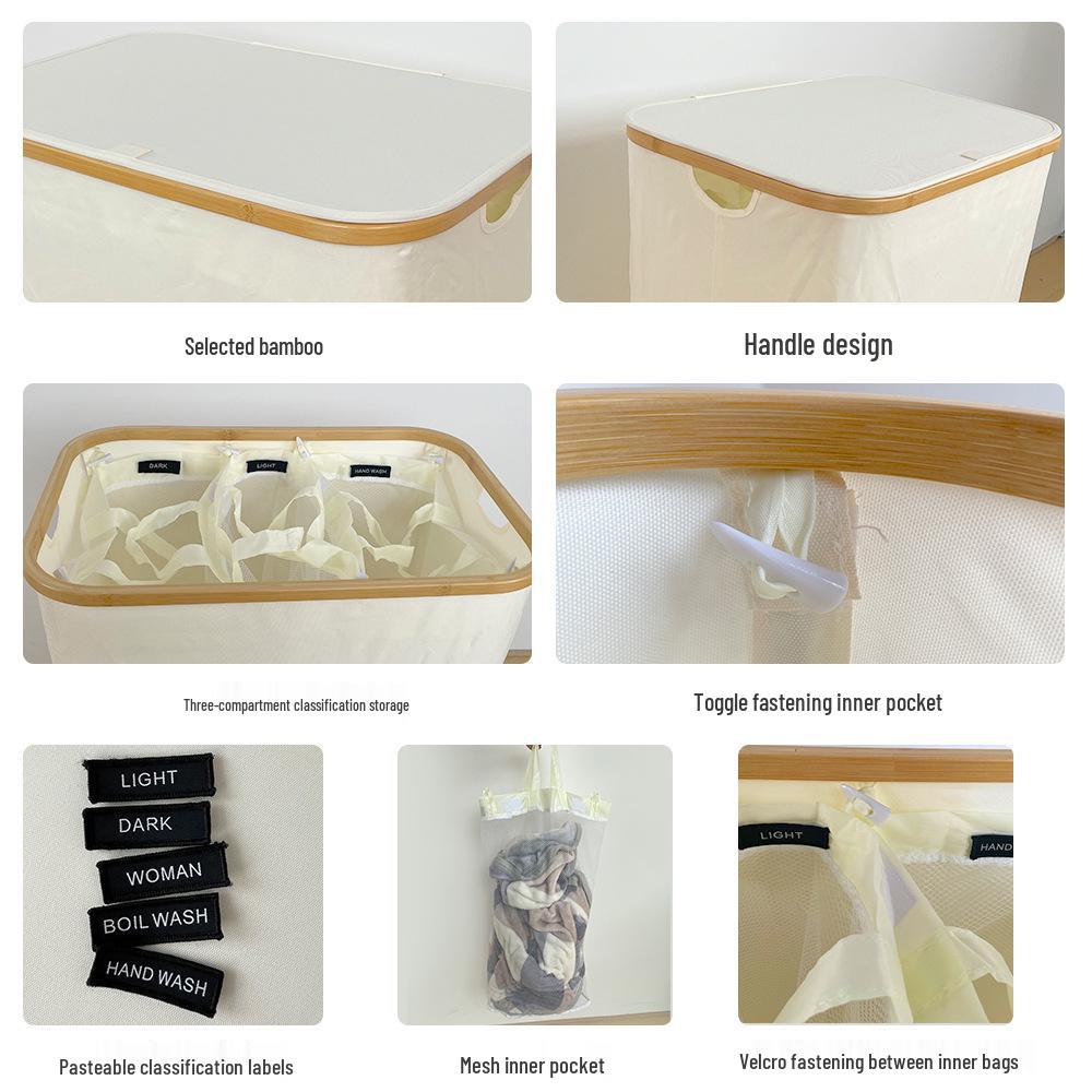 Foldable Bamboo Laundry Basket with Lid and Inner Bag for Bedroom or Bathroom