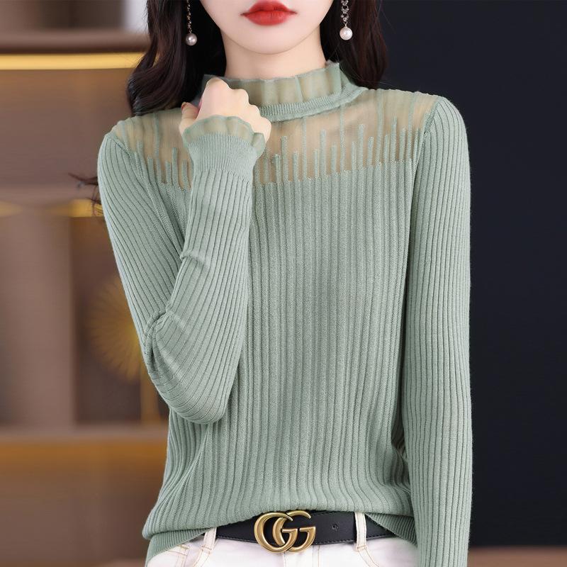 Spring and Summer Women's Short Lace Half-high Neck Lace Splicing Long Sleeve Pullover Bottoming Knitwear