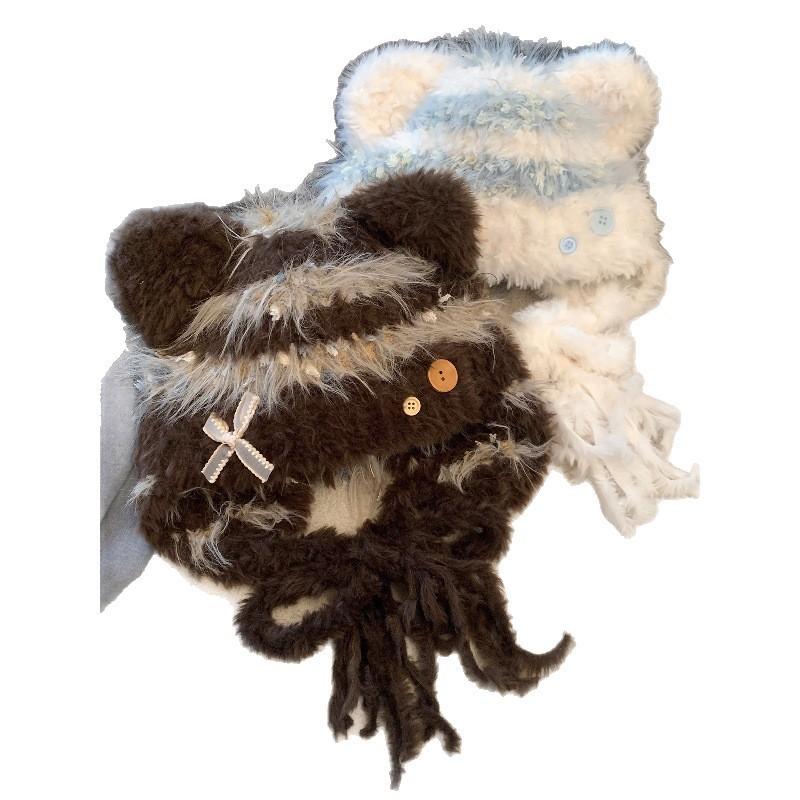 New autumn and winter sweet and cute cat ears bow plush hat women's warm face small ear hat tide