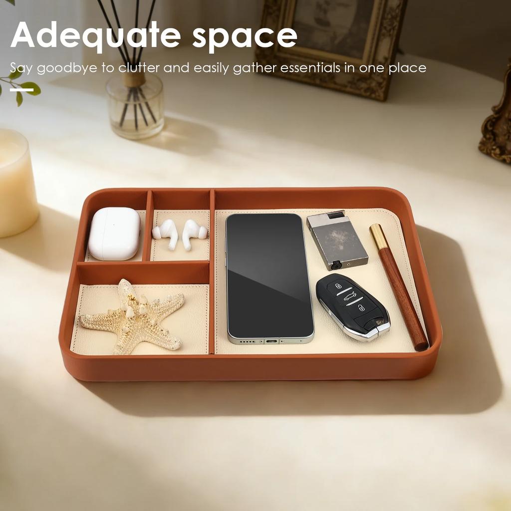 4-Compartment Storage Tray Stylish PU Leather Tray Multipurpose Bedside Desk Holder Decorative Entryway Tray for Phone Key Watch