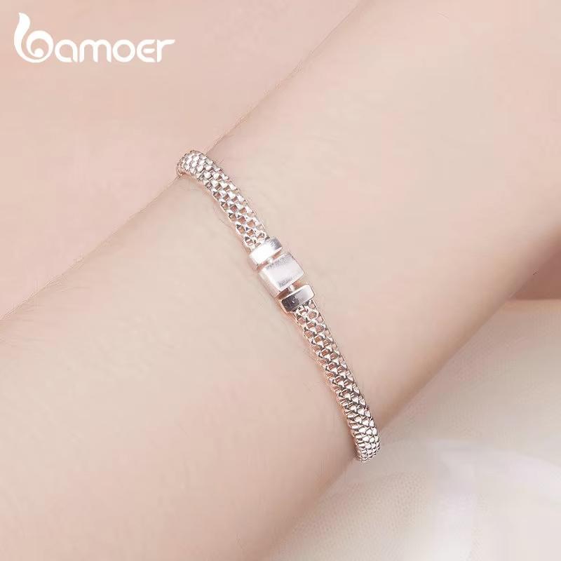 Bamoer 925 Silver Classic Square Buckle Bracelet Retro Braided Silver Chain Link for Women Platinum Plated Fine Jewelry