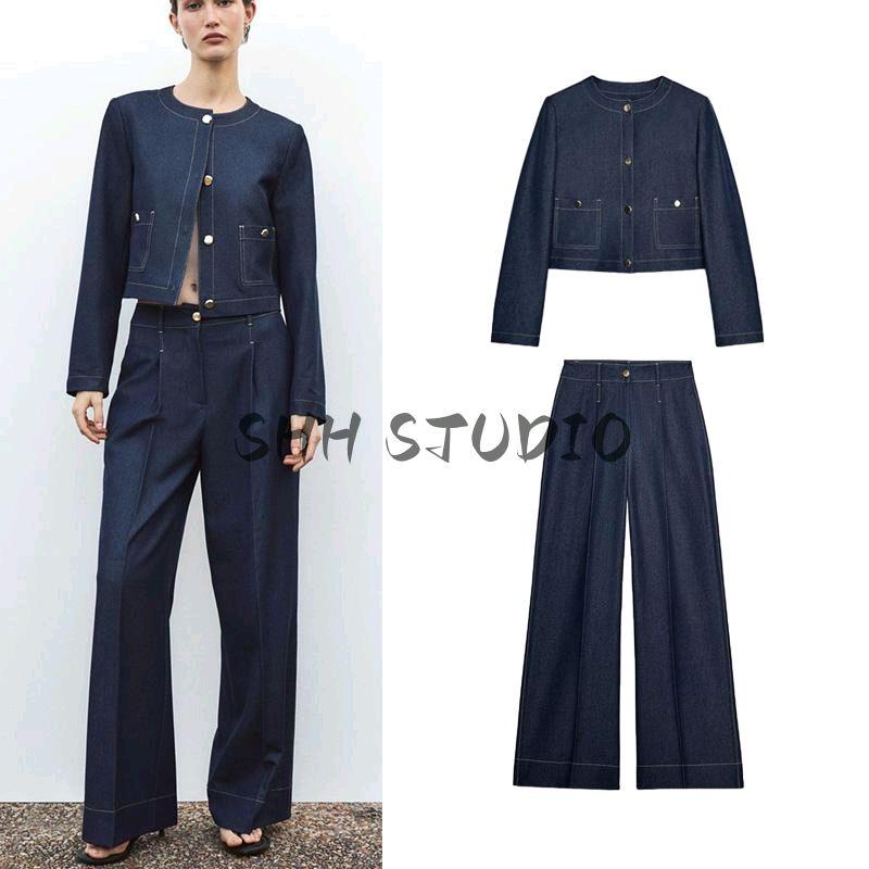 Spring New Women's Clothing High Waist Wide-Leg Pants 1478692 Contrast Color Seized String Decoration Short Coat 1478792