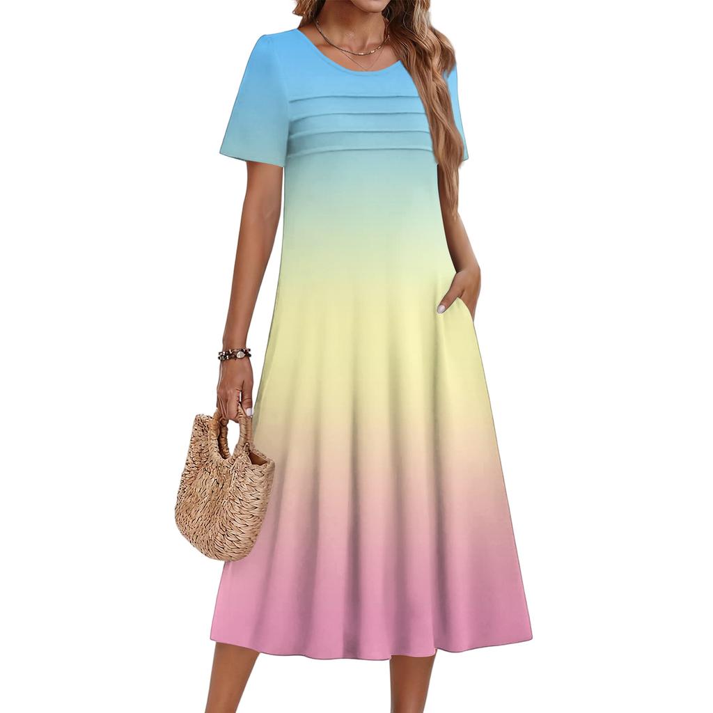 Ladies' Gradient Printed Casual And Fashionable Short Sleeved Round Neck Dress