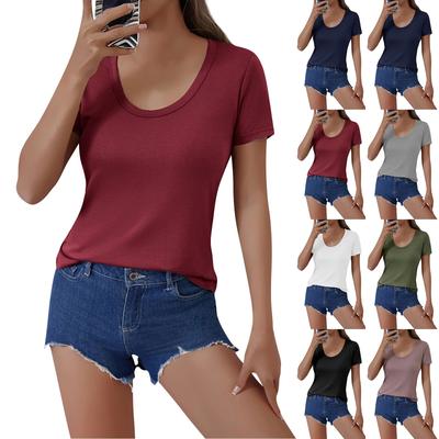 Damenmode Einfarbig U-Ausschnitt Kurzarm Pullover Lässiges T-Shirt Top