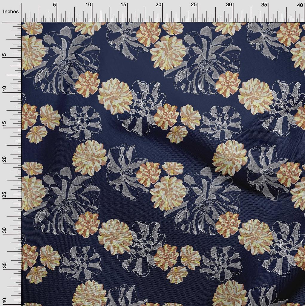 oneOone Cotton Flex Dark Blue Fabric Floral With Lines Diy Clothing Quilting Fabric Print Fabric By Yard 40 Inch