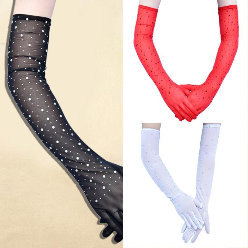 Women Lace Long Gloves with Rhinestones Drilling for Halloween and Prom Event Evening Party 1920S Flapper Costume Gloves
