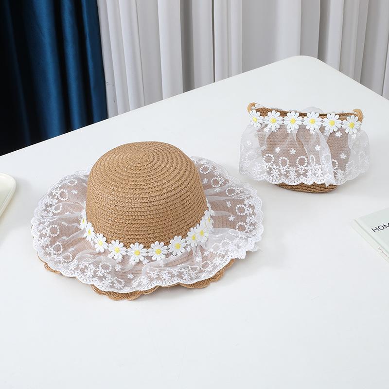New Baby Straw Hat With Handbag Flower Lace Breathable Beach Hat Bags Kids Hat Boy Girls Floral Sun Visor