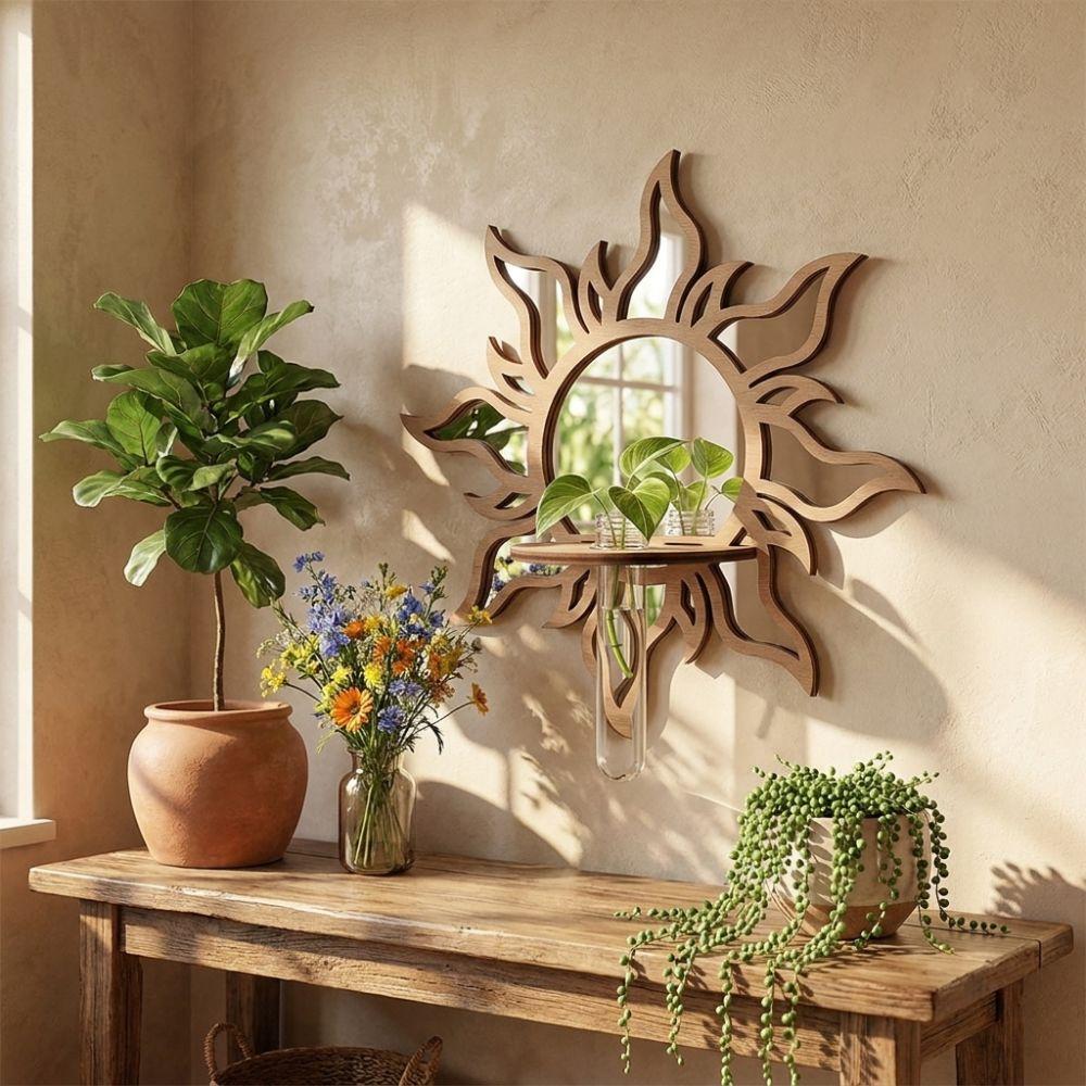 Mushroom House Wood Wall Mount Flower Shelf Mirror Hanging Plant Panel Balcony Decor