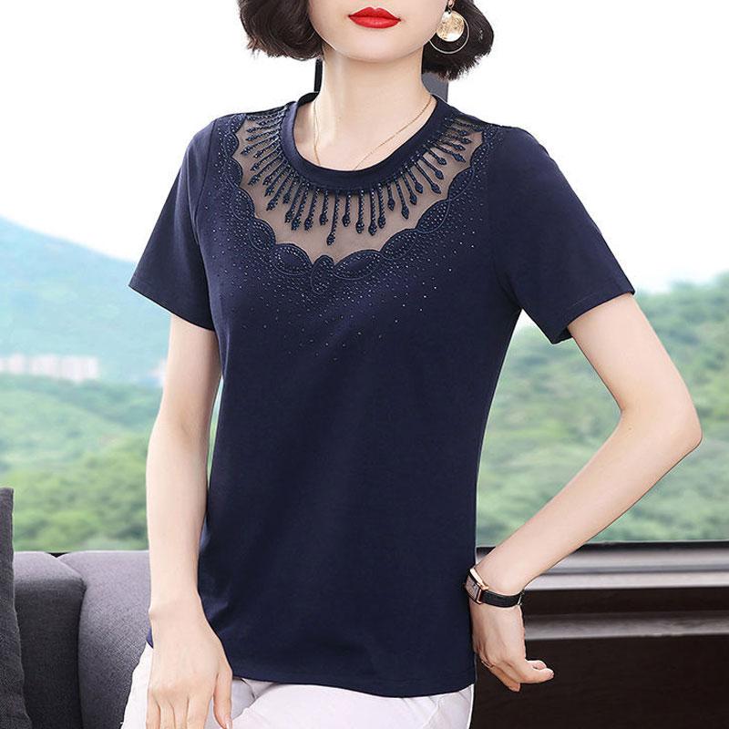 Îmbrăcăminte Femei Tricou Elegant cu Diamante Broderie Sexy Gaze Gol Afară Cusut Vară Casual Mânecă Scurtă Pulovere Drepte