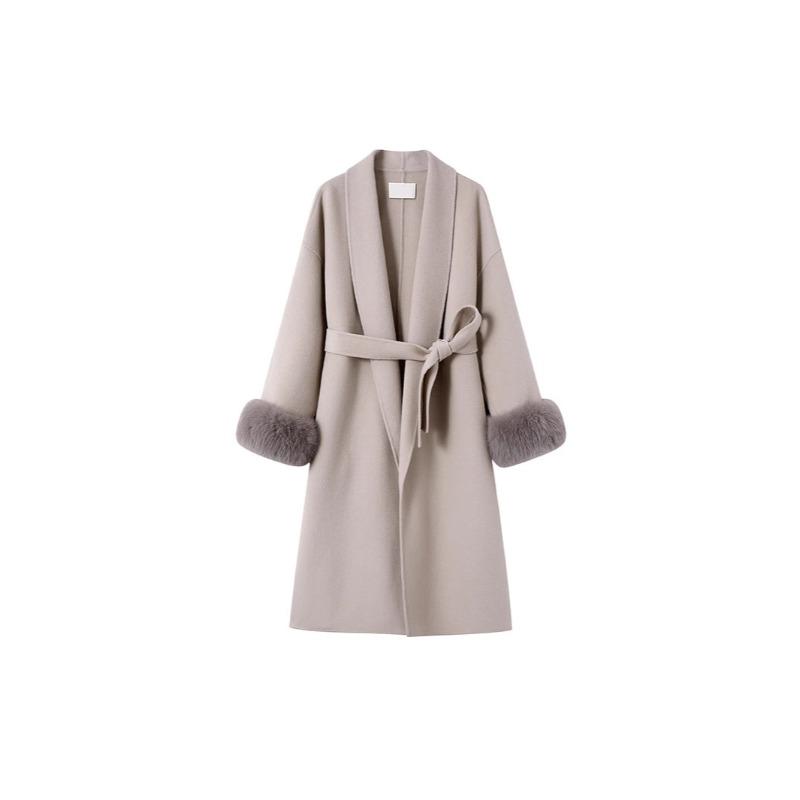 

Двустороннее кашемировое шерстяное пальто для женщин Зимнее пальто средней длины из искусственного меха лисы темно-серого цвета для женщин L