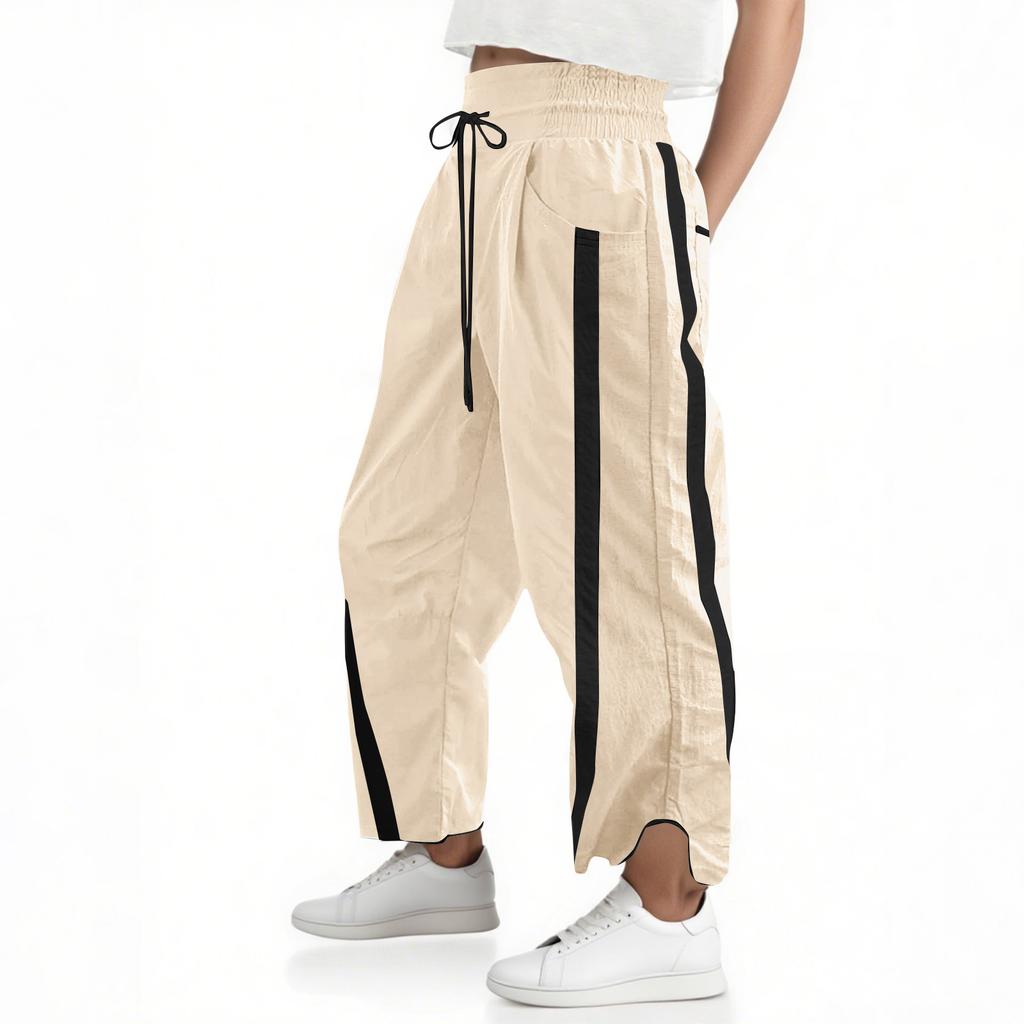 Women's Baggy Wide Leg Pants Casual Drawstring Elastic Waisted Contrast Color Workout Track Pants
