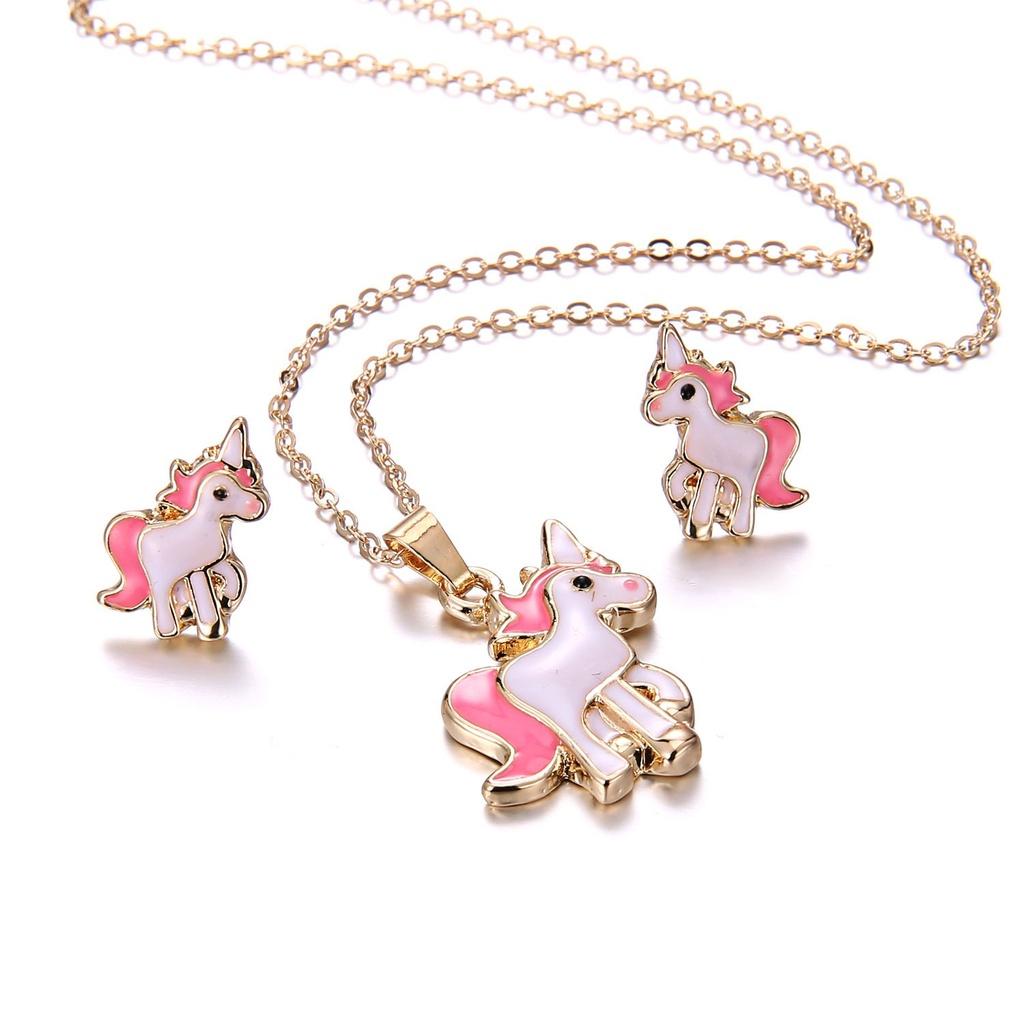 Pink 3pcsset Horse Unicorn Jewelry Sets For Women Earrings Necklaces Best Gifts
