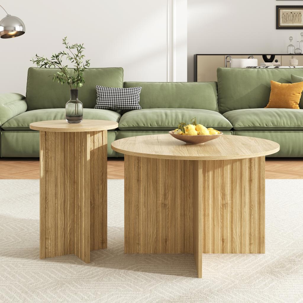 Modern 2-Piece Wood Nesting Table Set – Round Couch Tables & Coffee Tables in Scandinavian Design, Space-Saving, Sturdy MDF/PB Construction