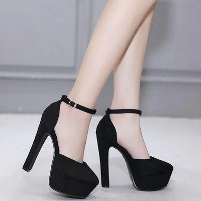 Albaricoque/Negro Zapatos de Salón de Mujer Sexy Punta Redonda Flock Plataforma Correa con Hebilla Tacones Finos de 14CM Tacón Cubierto Zapatos de Vestir