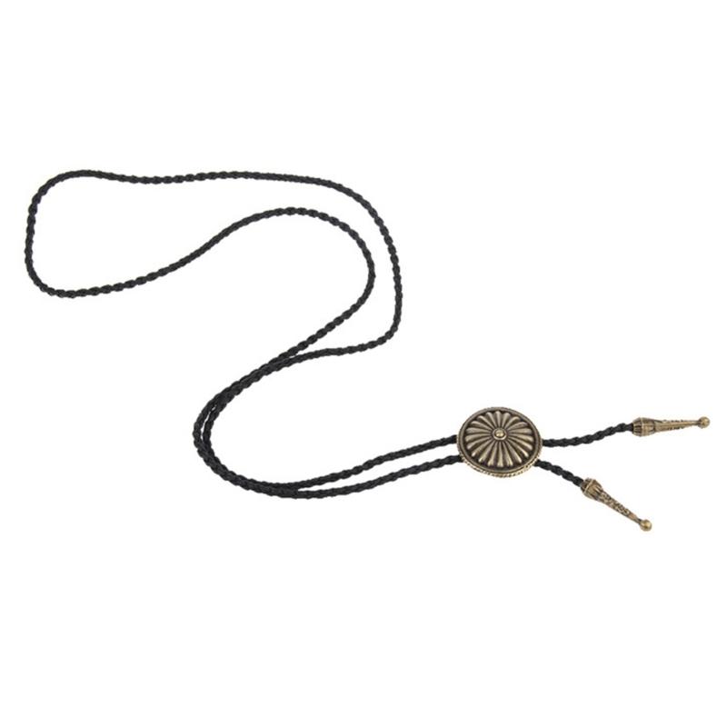 Mens Bolo Tie Necktie Faux Leather Braided Rope Necklace with Metal Round Flower Pendant Jewelry Cowboy Hat Accessories