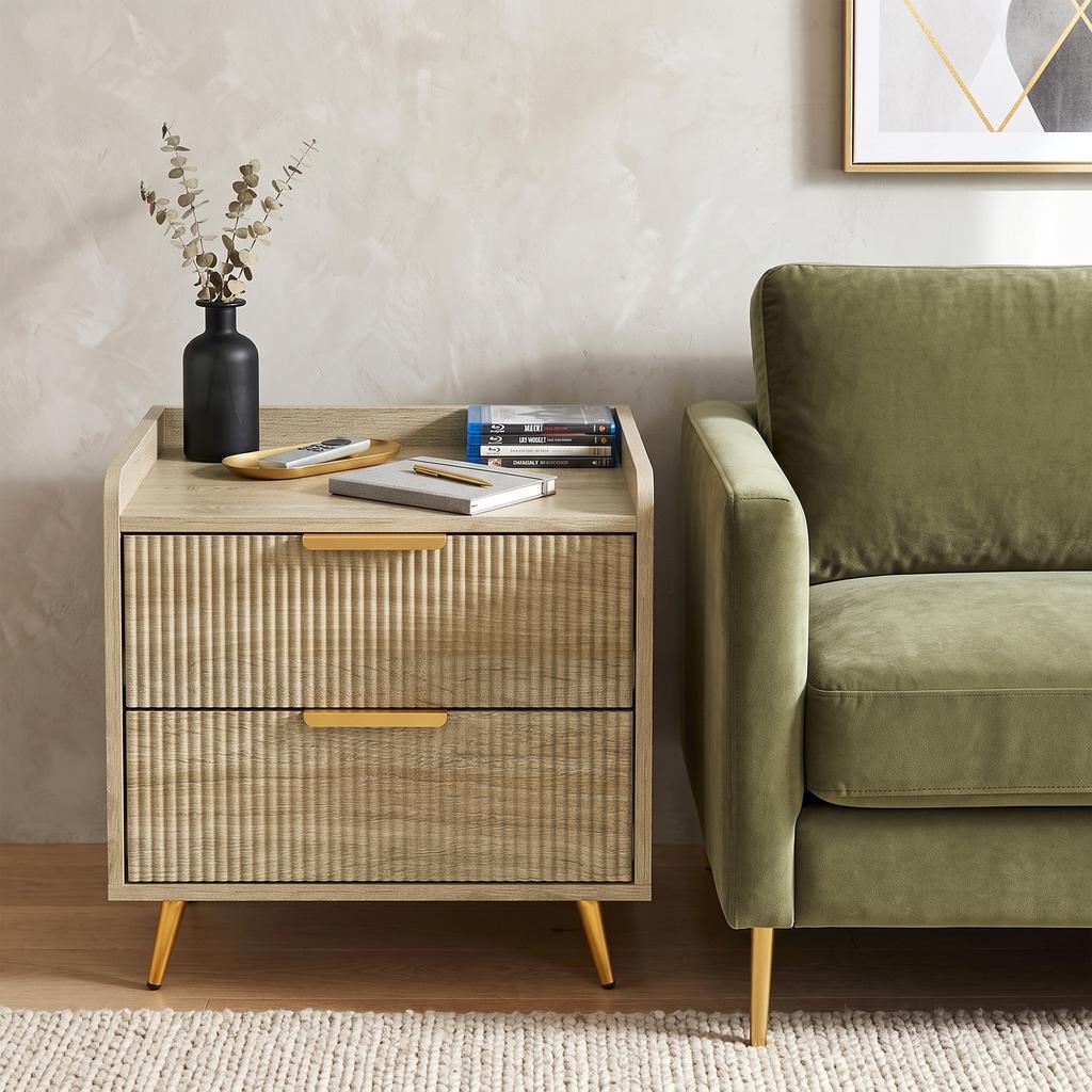 Bedside Table Cabinet with 2 Drawers Metal Legs Natural Wood Finish